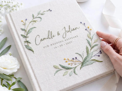 Custom Hand Embroidered Wildflower Wedding Guest Book, Personalized Linen Keepsake, Pastel Botanical Bridal Gift, Romantic Wedding Heirloom (Copy)