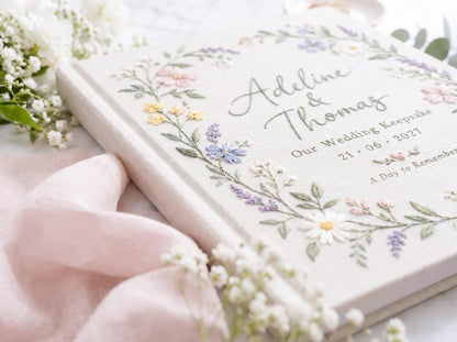 Custom Hand Embroidered Wildflower Wedding Guest Book, Personalized Linen Keepsake, Pastel Botanical Bridal Gift, Romantic Wedding Heirloom