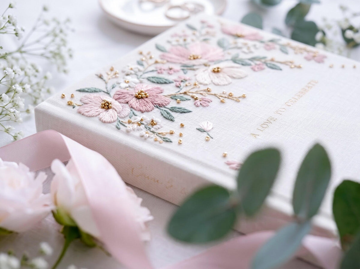 Custom Hand Embroidered Garden Floral Wedding Guest Book, Personalized Linen Keepsake, Romantic Botanical Bridal Gift, Heirloom Memory Album