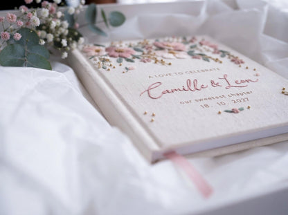 Custom Hand Embroidered Garden Floral Wedding Guest Book, Personalized Linen Keepsake, Romantic Botanical Bridal Gift, Heirloom Memory Album