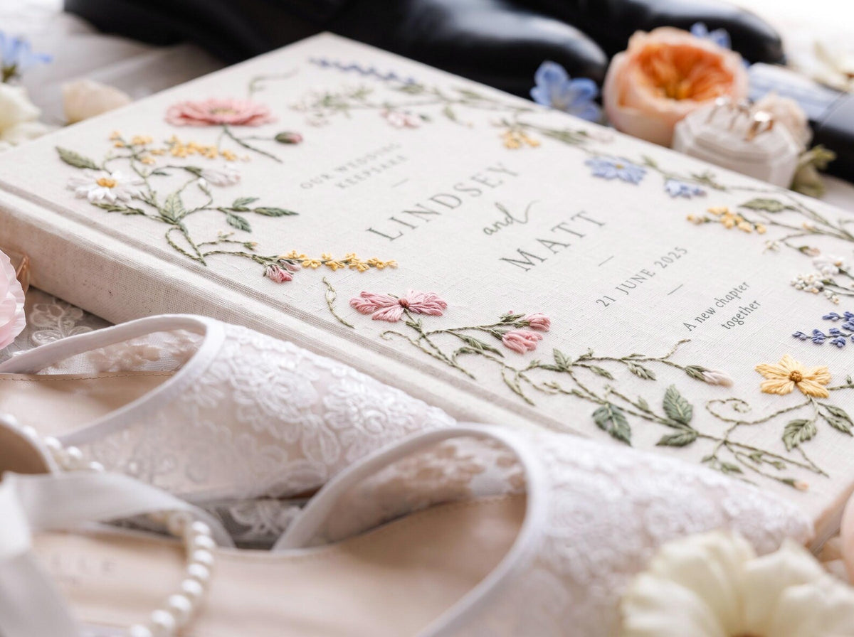 Custom Hand Embroidered Wildflower Wedding Guest Book, Botanical Linen Keepsake, Personalized Bridal Memory Album, Heirloom Wedding Gift