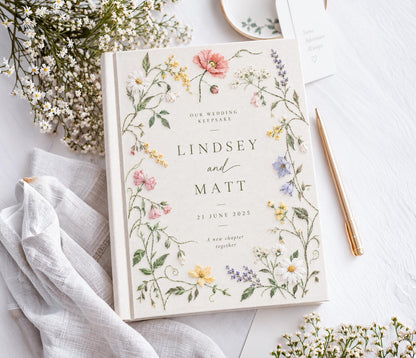 Custom Hand Embroidered Wildflower Wedding Guest Book, Botanical Linen Keepsake, Personalized Bridal Memory Album, Heirloom Wedding Gift