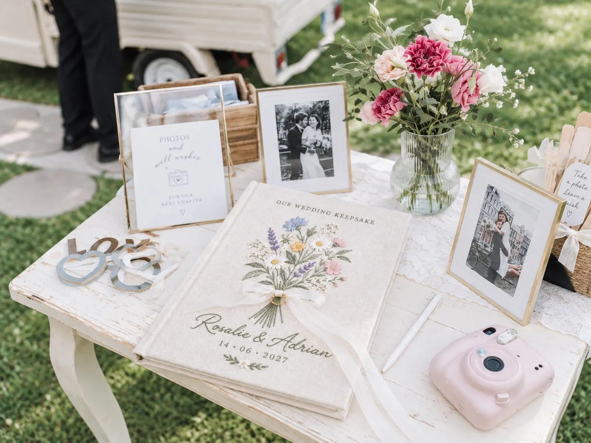 Custom Hand Embroidered Wildflower Wedding Guest Book, Personalized Linen Keepsake, Ring Bearer Bridal Gift, Romantic Heirloom Memory Album