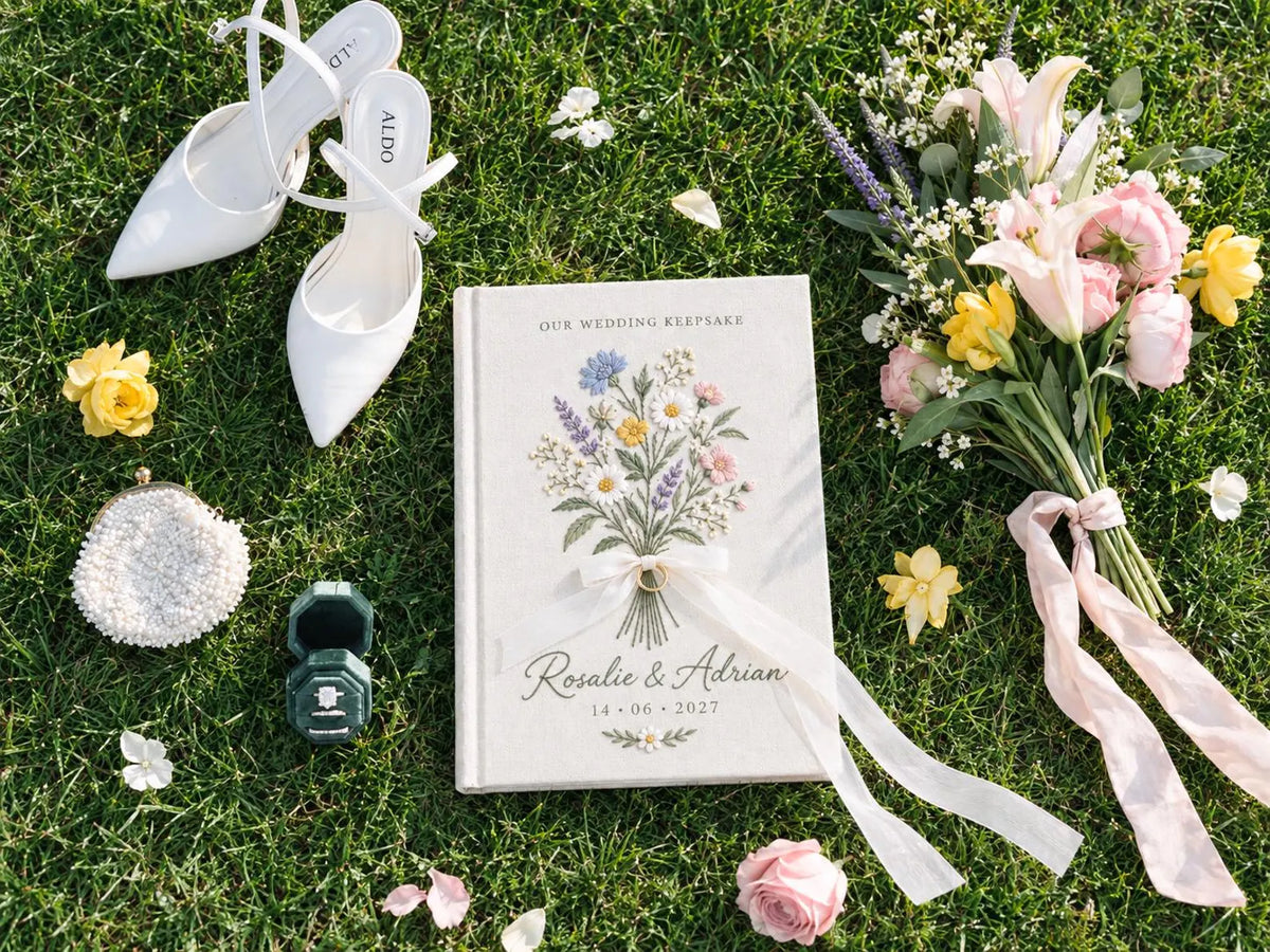 Custom Hand Embroidered Wildflower Wedding Guest Book, Personalized Linen Keepsake, Ring Bearer Bridal Gift, Romantic Heirloom Memory Album