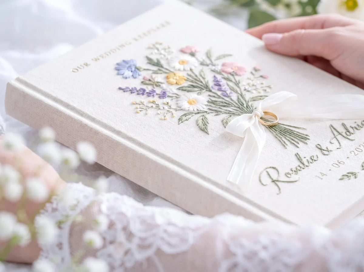 Custom Hand Embroidered Wildflower Wedding Guest Book, Personalized Linen Keepsake, Ring Bearer Bridal Gift, Romantic Heirloom Memory Album