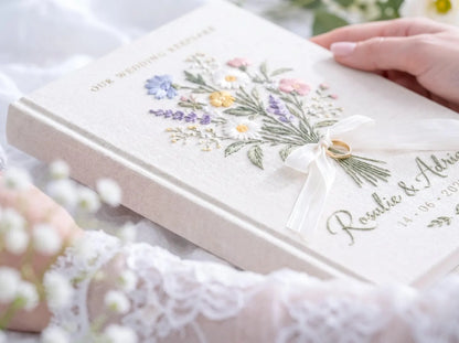 Custom Hand Embroidered Wildflower Wedding Guest Book, Personalized Linen Keepsake, Ring Bearer Bridal Gift, Romantic Heirloom Memory Album