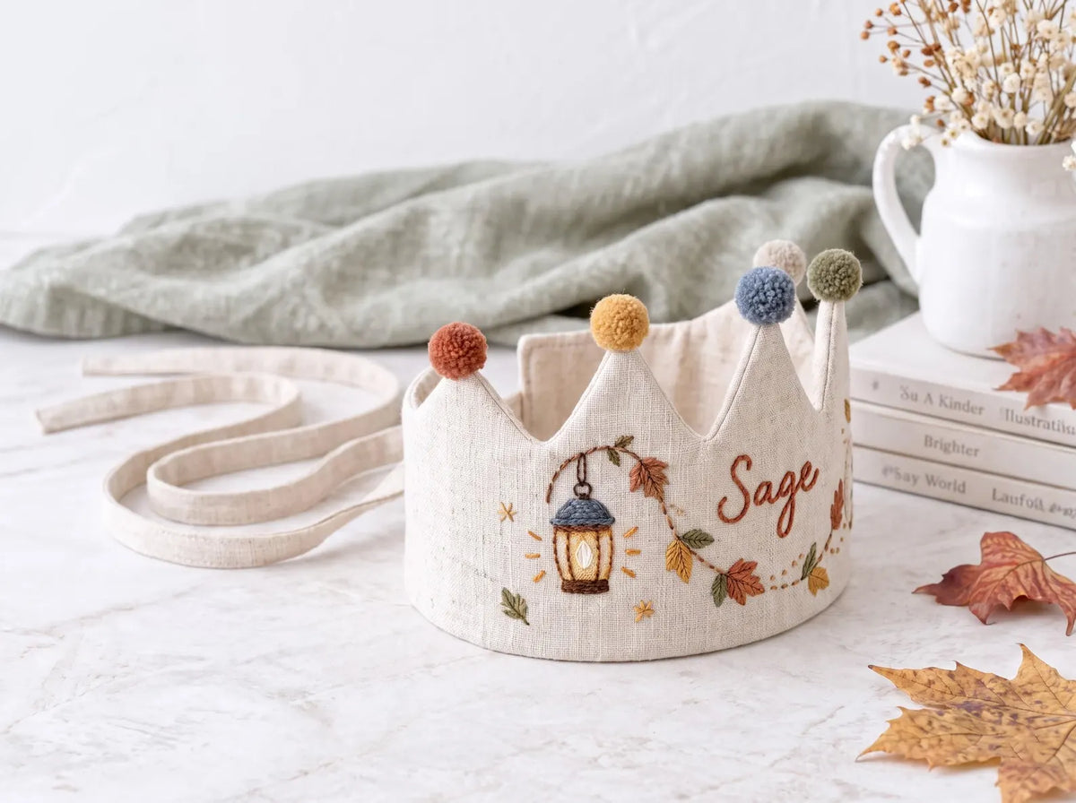 Personalized Autumn Birthday Crown, Hand Embroidered Linen Party Hat, Custom Name and Age, Fall Leaves Birthday Crown, Toddler Photo Prop