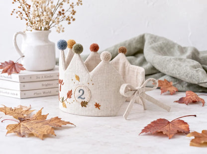 Personalized Autumn Birthday Crown, Hand Embroidered Linen Party Hat, Custom Name and Age, Fall Leaves Birthday Crown, Toddler Photo Prop