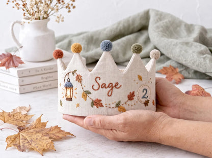 Personalized Autumn Birthday Crown, Hand Embroidered Linen Party Hat, Custom Name and Age, Fall Leaves Birthday Crown, Toddler Photo Prop