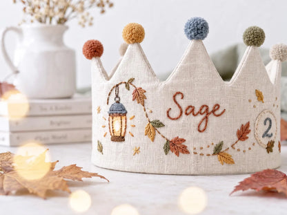 Personalized Autumn Birthday Crown, Hand Embroidered Linen Party Hat, Custom Name and Age, Fall Leaves Birthday Crown, Toddler Photo Prop
