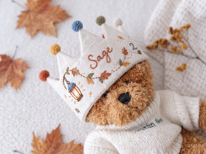Personalized Autumn Birthday Crown, Hand Embroidered Linen Party Hat, Custom Name and Age, Fall Leaves Birthday Crown, Toddler Photo Prop