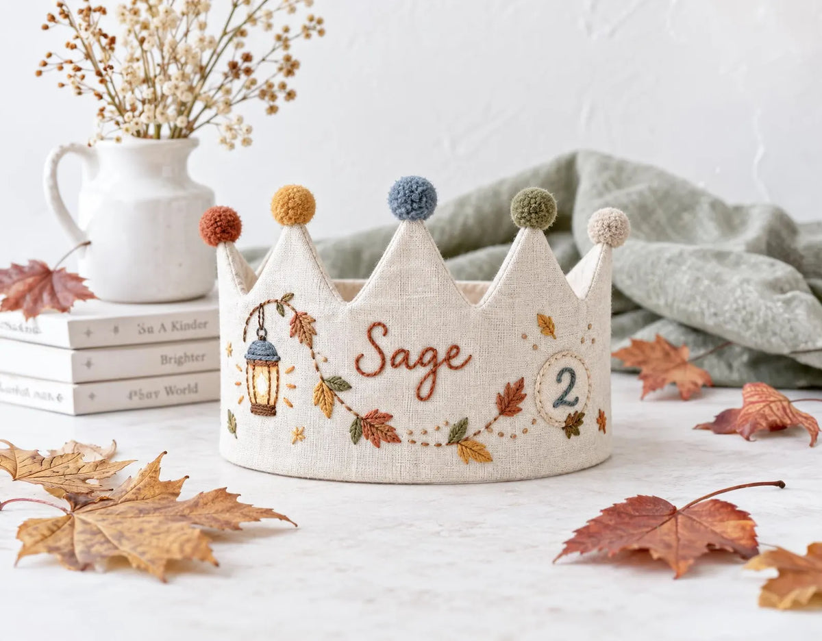 Personalized Autumn Birthday Crown, Hand Embroidered Linen Party Hat, Custom Name and Age, Fall Leaves Birthday Crown, Toddler Photo Prop