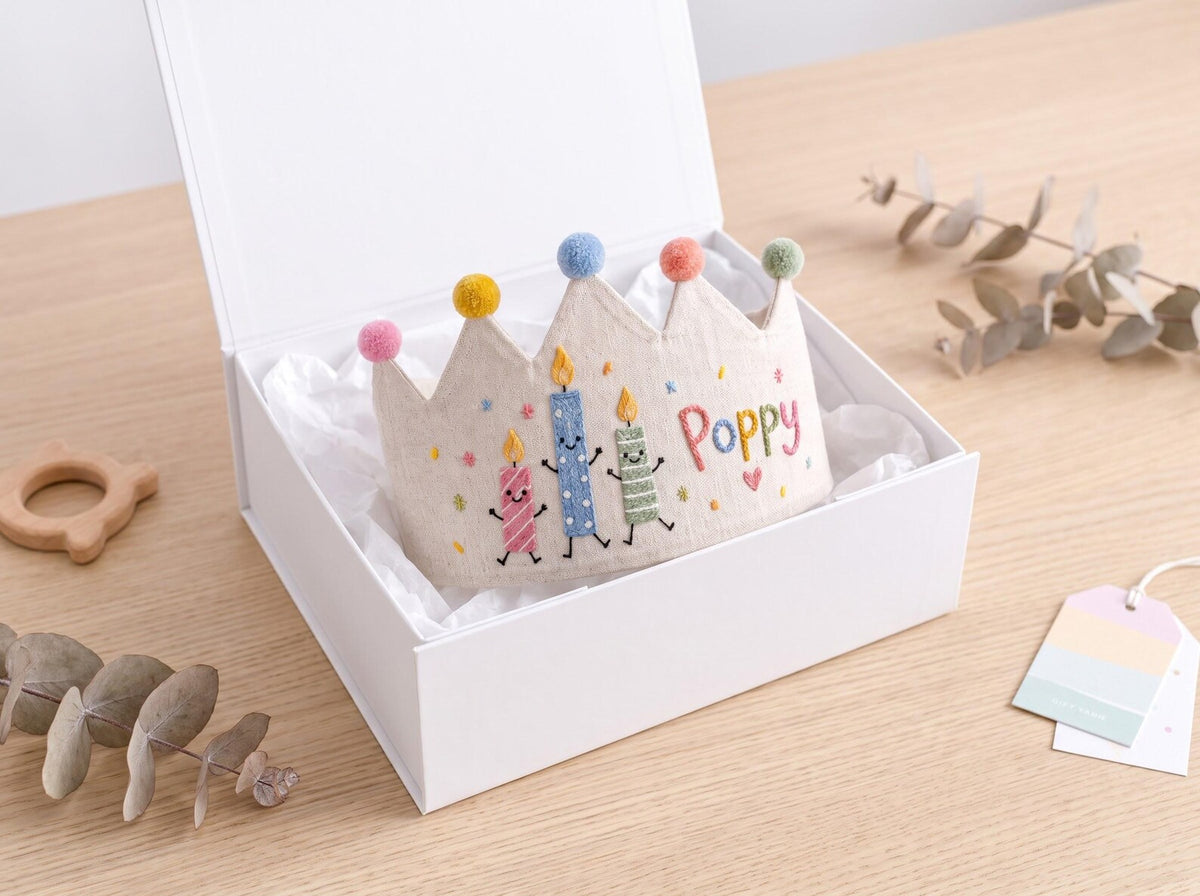 Personalized Birthday Crown, Hand Embroidered Candle Party Hat, Custom Name Linen Crown, Kids Birthday Outfit, First Birthday Photo Prop