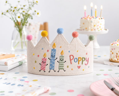 Personalized Birthday Crown, Hand Embroidered Candle Party Hat, Custom Name Linen Crown, Kids Birthday Outfit, First Birthday Photo Prop