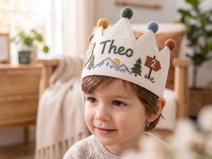 Personalized Woodland Birthday Crown, Hand Embroidered Little Ranger Cap, Custom Name Age Linen Crown, Mountain Adventure Birthday Party