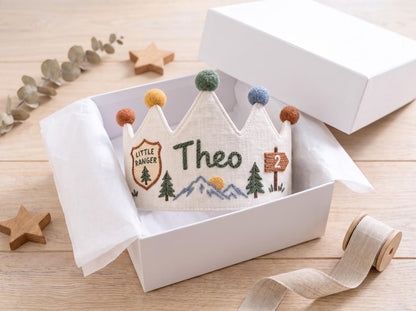 Personalized Woodland Birthday Crown, Hand Embroidered Little Ranger Cap, Custom Name Age Linen Crown, Mountain Adventure Birthday Party