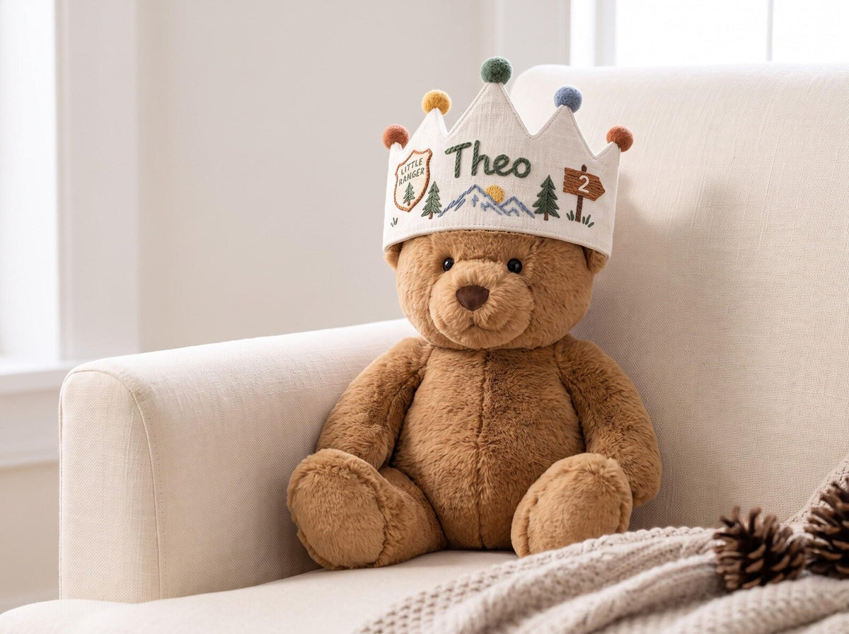 Personalized Woodland Birthday Crown, Hand Embroidered Little Ranger Cap, Custom Name Age Linen Crown, Mountain Adventure Birthday Party