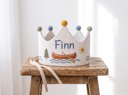 Personalized Lake Birthday Crown, Hand Embroidered Canoe Linen Crown, Custom Name Kids Birthday Hat, Woodland Camping Party Photo Prop