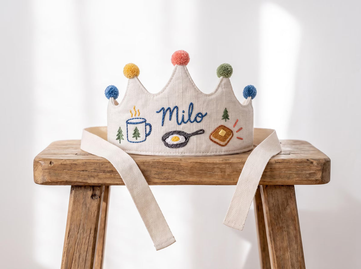Personalized Camping Birthday Crown, Hand Embroidered Linen Party Hat, Custom Name Kids Crown, Camp Breakfast, Outdoor Birthday Photo Props
