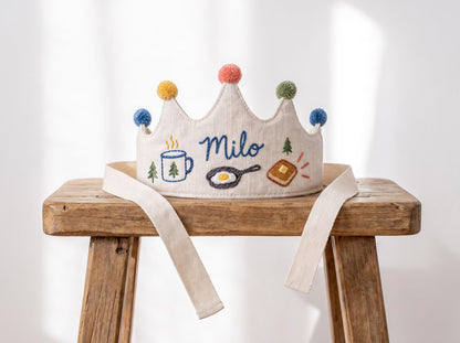 Personalized Camping Birthday Crown, Hand Embroidered Linen Party Hat, Custom Name Kids Crown, Camp Breakfast, Outdoor Birthday Photo Props