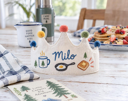 Personalized Camping Birthday Crown, Hand Embroidered Linen Party Hat, Custom Name Kids Crown, Camp Breakfast, Outdoor Birthday Photo Props
