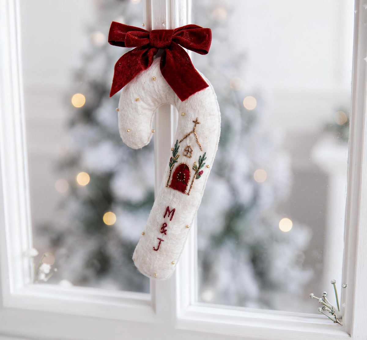 Personalized Christmas Candy Cane Ornament, Hand Embroidered Linen Tree Decoration, Custom Initials Church Ornament, Religious Christmas