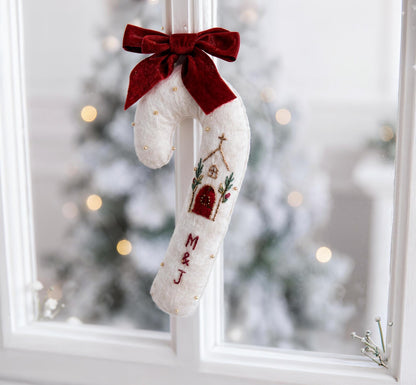 Personalized Christmas Candy Cane Ornament, Hand Embroidered Linen Tree Decoration, Custom Initials Church Ornament, Religious Christmas