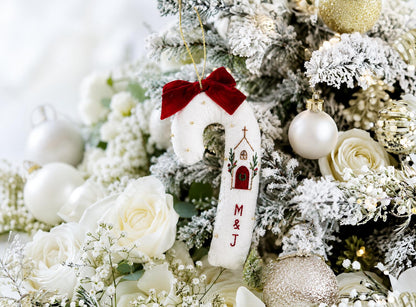 Personalized Christmas Candy Cane Ornament, Hand Embroidered Linen Tree Decoration, Custom Initials Church Ornament, Religious Christmas