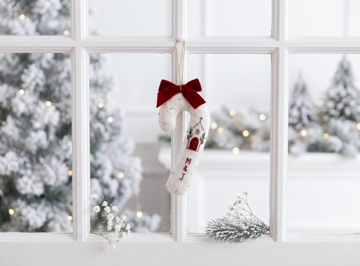 Personalized Christmas Candy Cane Ornament, Hand Embroidered Linen Tree Decoration, Custom Initials Church Ornament, Religious Christmas