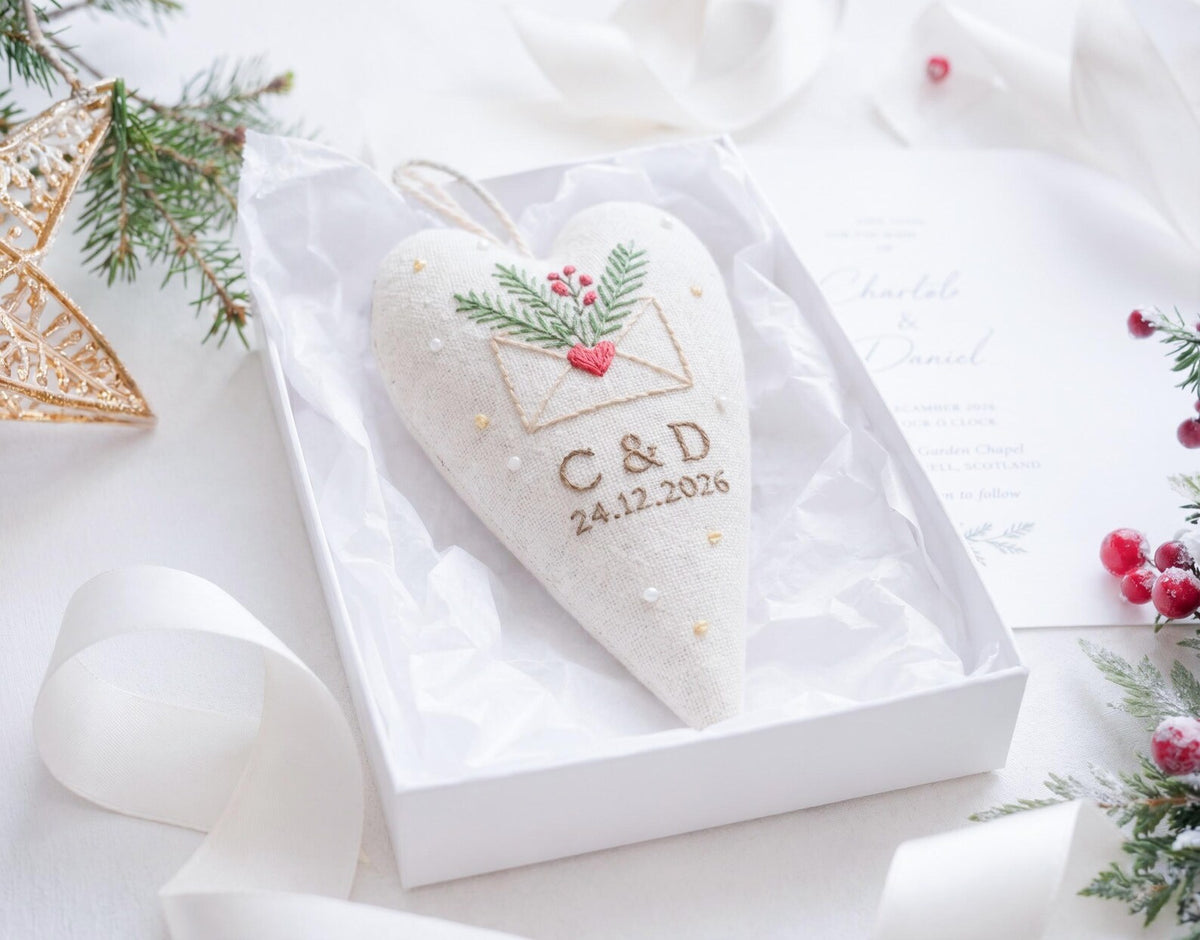 Personalized Wedding Christmas Ornament, Embroidered Linen Heart, First Christmas Married Keepsake, Custom Initials and Date, Newlywed Gift