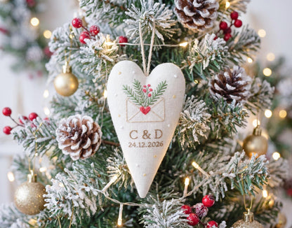 Personalized Wedding Christmas Ornament, Embroidered Linen Heart, First Christmas Married Keepsake, Custom Initials and Date, Newlywed Gift