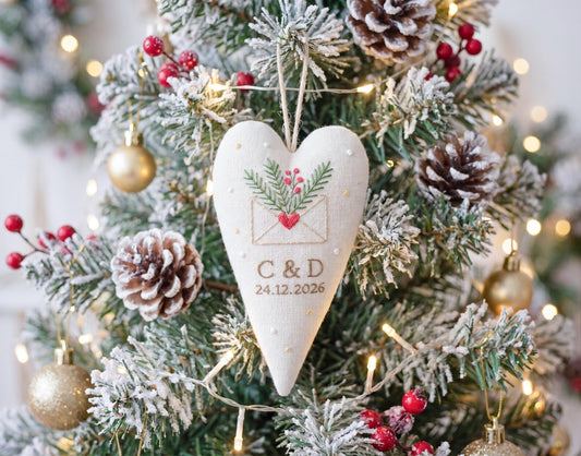 Personalized Wedding Christmas Ornament, Embroidered Linen Heart, First Christmas Married Keepsake, Custom Initials and Date, Newlywed Gift