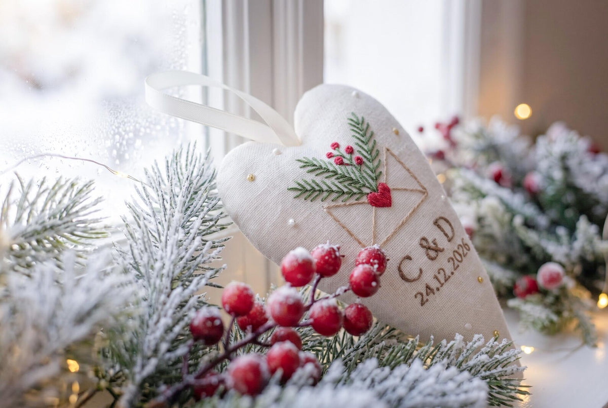 Personalized Wedding Christmas Ornament, Embroidered Linen Heart, First Christmas Married Keepsake, Custom Initials and Date, Newlywed Gift