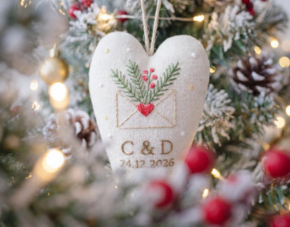 Personalized Wedding Christmas Ornament, Embroidered Linen Heart, First Christmas Married Keepsake, Custom Initials and Date, Newlywed Gift