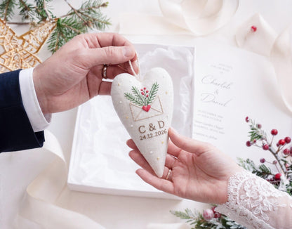 Personalized Wedding Christmas Ornament, Embroidered Linen Heart, First Christmas Married Keepsake, Custom Initials and Date, Newlywed Gift