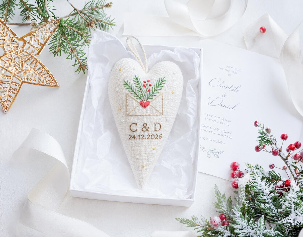 Personalized Wedding Christmas Ornament, Embroidered Linen Heart, First Christmas Married Keepsake, Custom Initials and Date, Newlywed Gift
