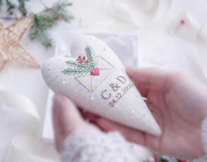 Personalized Wedding Christmas Ornament, Embroidered Linen Heart, First Christmas Married Keepsake, Custom Initials and Date, Newlywed Gift