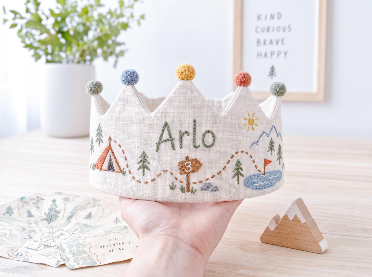 Personalized Camping Birthday Crown, Hand Embroidered Adventure Party Hat, Woodland Mountain Tent Crown, Custom Name Age Kids Birthday Gift