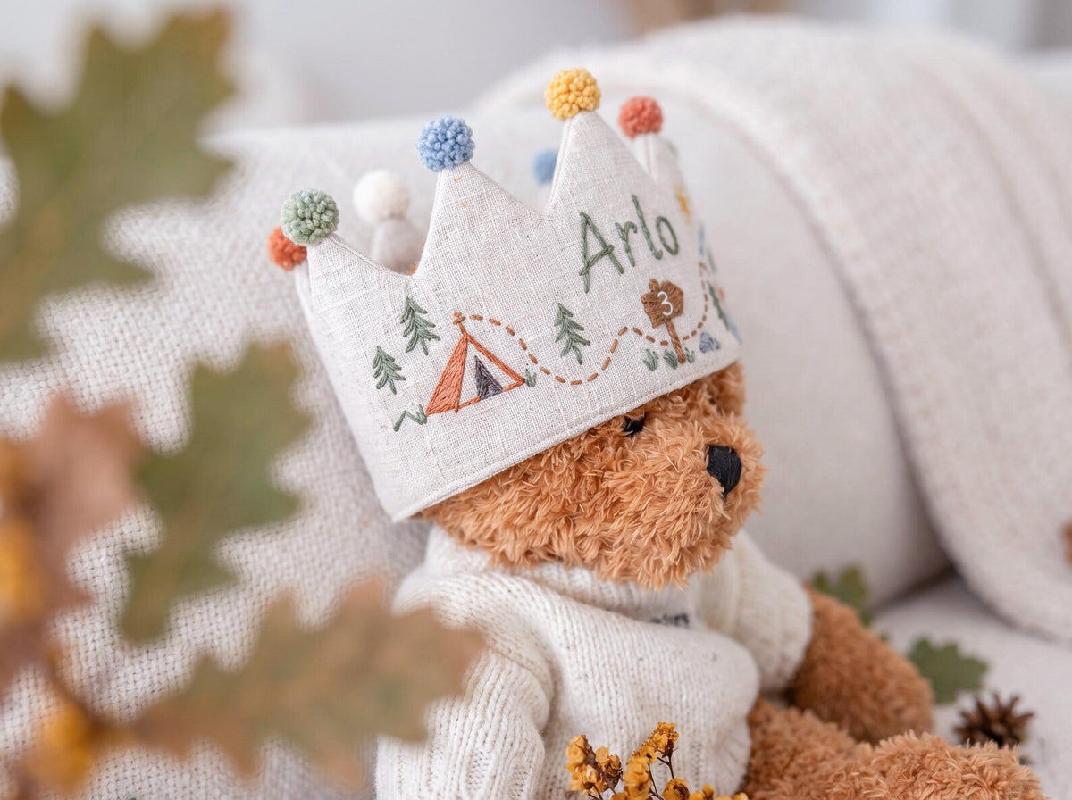 Personalized Camping Birthday Crown, Hand Embroidered Adventure Party Hat, Woodland Mountain Tent Crown, Custom Name Age Kids Birthday Gift