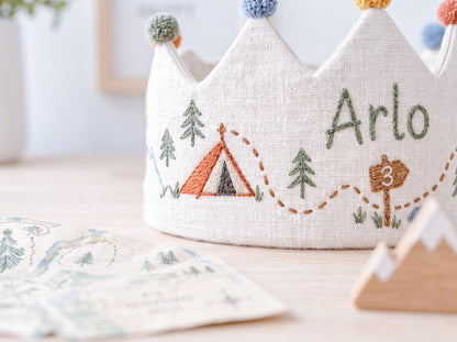 Personalized Camping Birthday Crown, Hand Embroidered Adventure Party Hat, Woodland Mountain Tent Crown, Custom Name Age Kids Birthday Gift