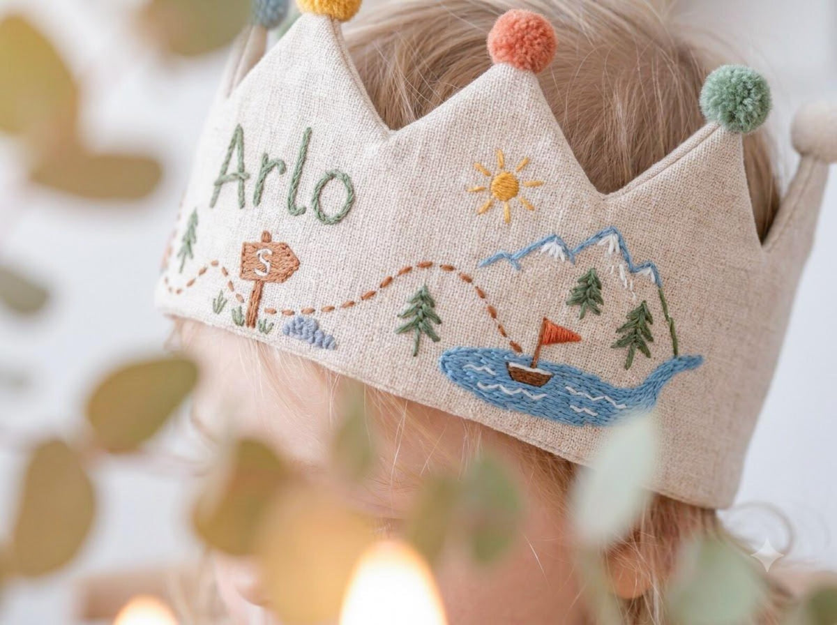 Personalized Camping Birthday Crown, Hand Embroidered Adventure Party Hat, Woodland Mountain Tent Crown, Custom Name Age Kids Birthday Gift