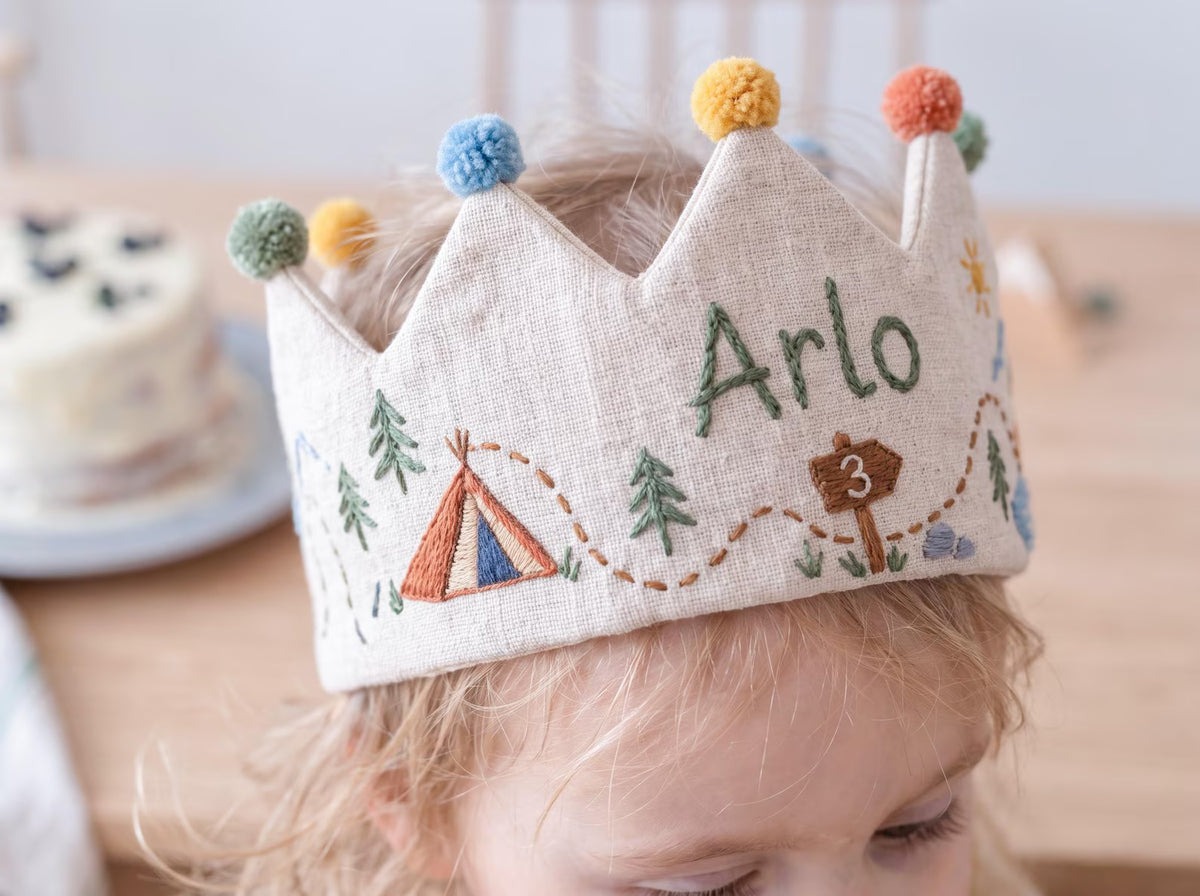 Personalized Camping Birthday Crown, Hand Embroidered Adventure Party Hat, Woodland Mountain Tent Crown, Custom Name Age Kids Birthday Gift
