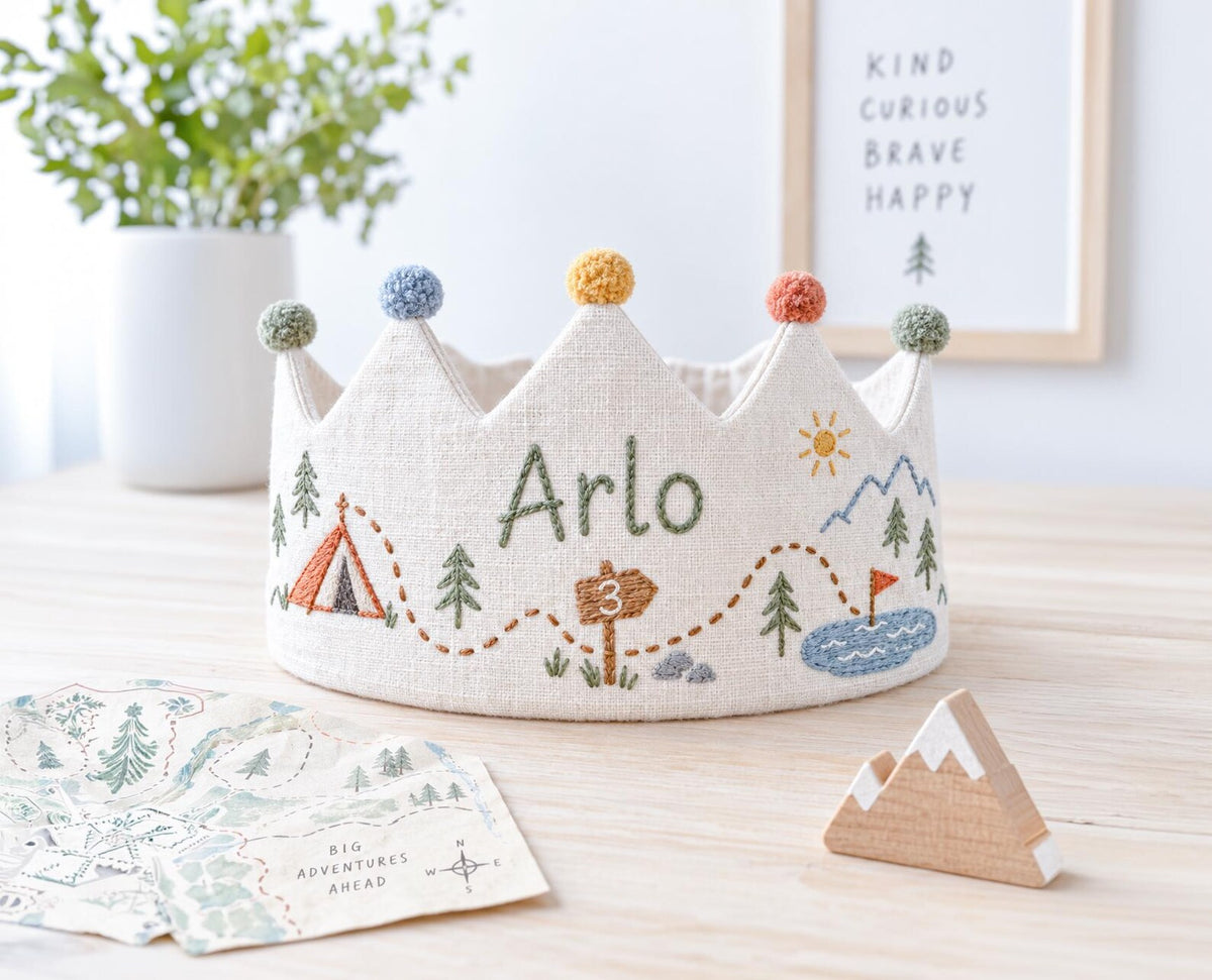 Personalized Camping Birthday Crown, Hand Embroidered Adventure Party Hat, Woodland Mountain Tent Crown, Custom Name Age Kids Birthday Gift