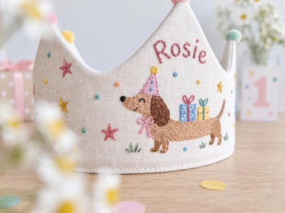 Personalized Dachshund Birthday Crown, Hand Embroidered Sausage Dog Party Hat, Custom Name Linen Crown, Puppy Birthday Theme, Girls Birthday