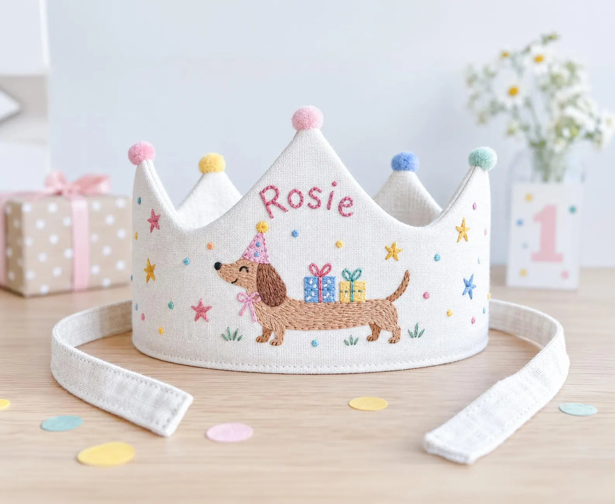 Personalized Dachshund Birthday Crown, Hand Embroidered Sausage Dog Party Hat, Custom Name Linen Crown, Puppy Birthday Theme, Girls Birthday