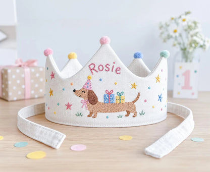 Personalized Dachshund Birthday Crown, Hand Embroidered Sausage Dog Party Hat, Custom Name Linen Crown, Puppy Birthday Theme, Girls Birthday