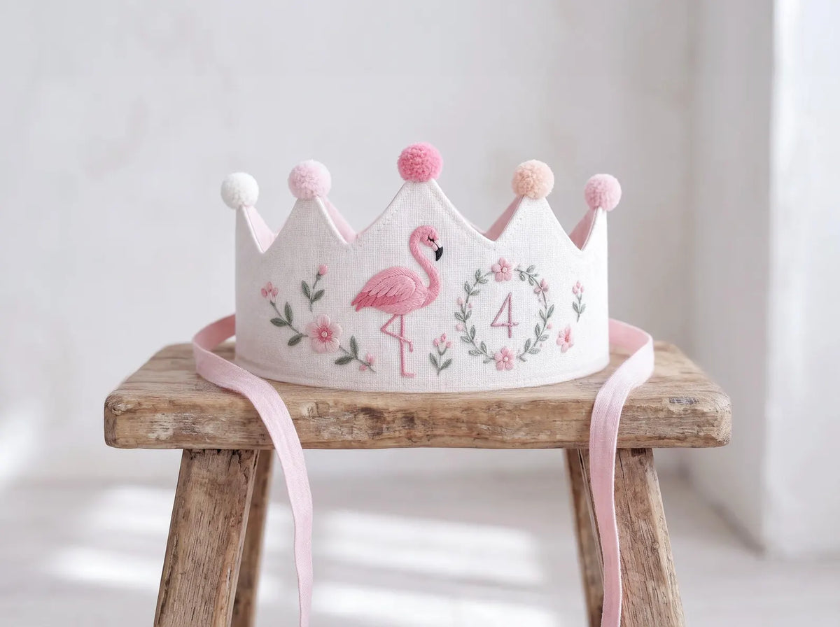 Personalized Flamingo Birthday Crown, Hand Embroidered Pink Flamingo Party Hat, Custom Age Linen Crown, Floral Girls Birthday Crown Birthday