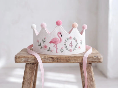 Personalized Flamingo Birthday Crown, Hand Embroidered Pink Flamingo Party Hat, Custom Age Linen Crown, Floral Girls Birthday Crown Birthday