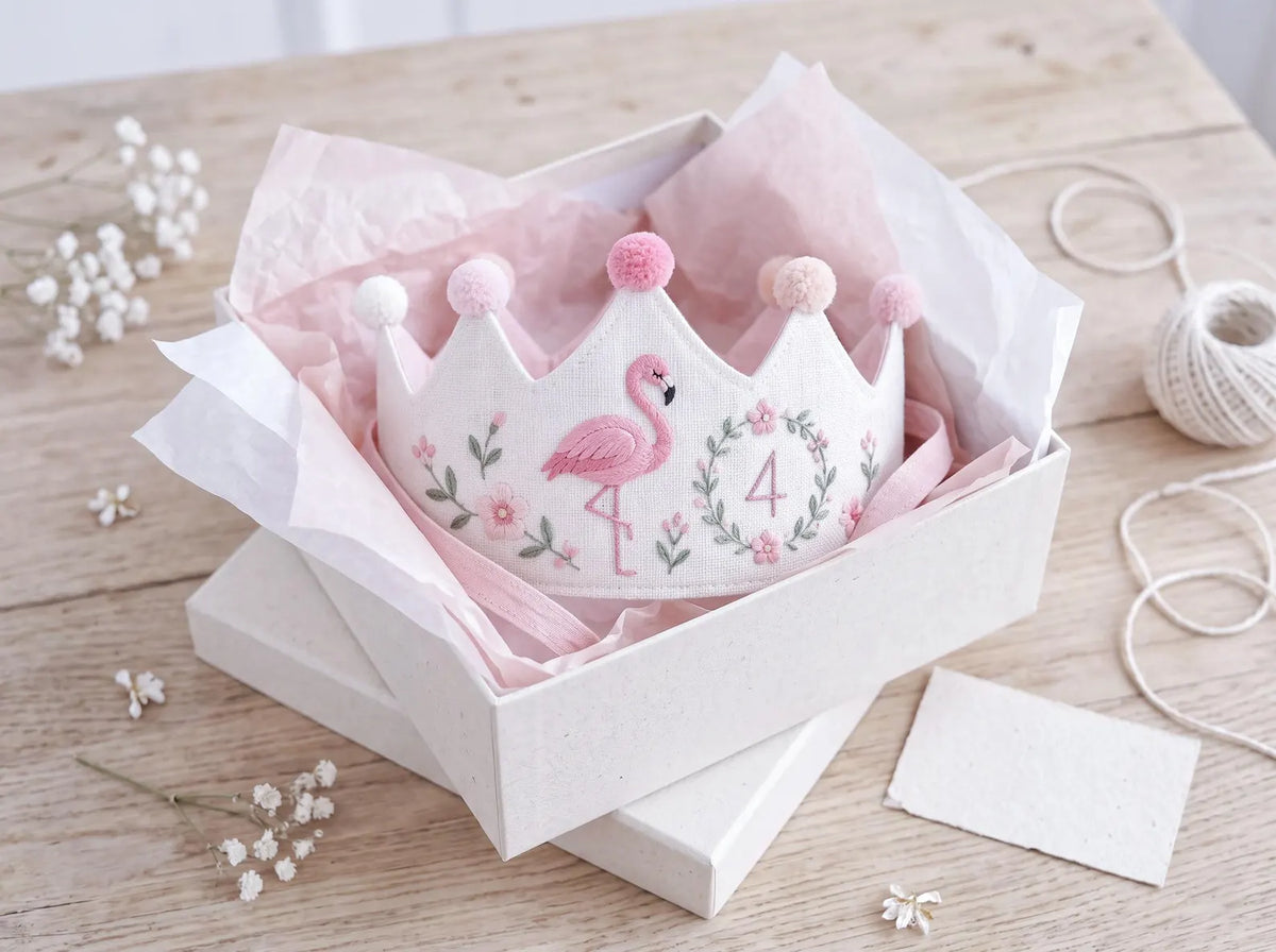 Personalized Flamingo Birthday Crown, Hand Embroidered Pink Flamingo Party Hat, Custom Age Linen Crown, Floral Girls Birthday Crown Birthday