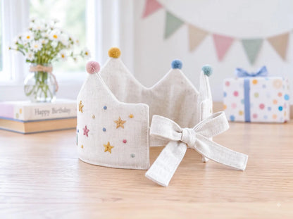 Personalized Hedgehog Birthday Crown, Hand Embroidered Linen Party Hat, Custom Name, Woodland Animal Birthday Hat, Kids Party Photo Prop